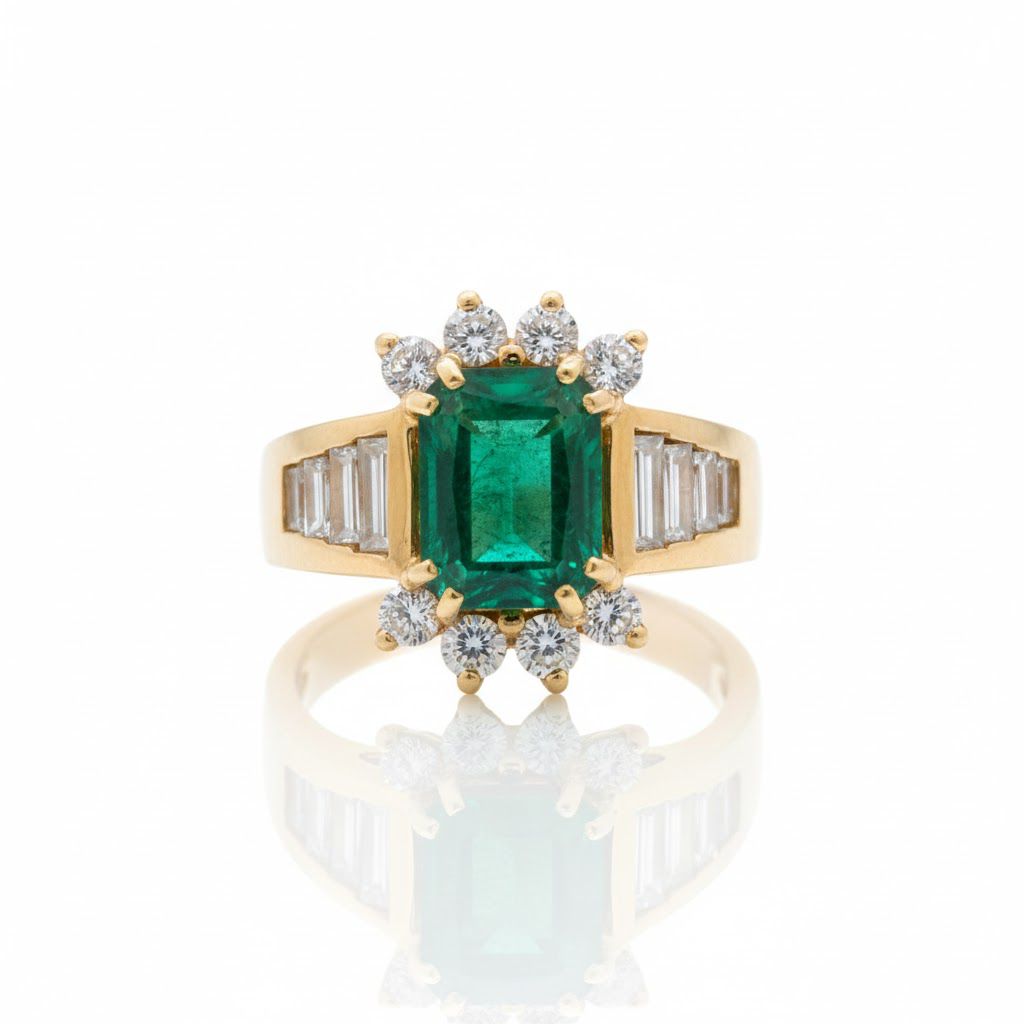 טבעת משובצת אמרלד 1.59 קראט ויהלומים בגטים ועגולות 0.55 קראט צבע F ניקיון VS זהב 14K מק״ט Y22