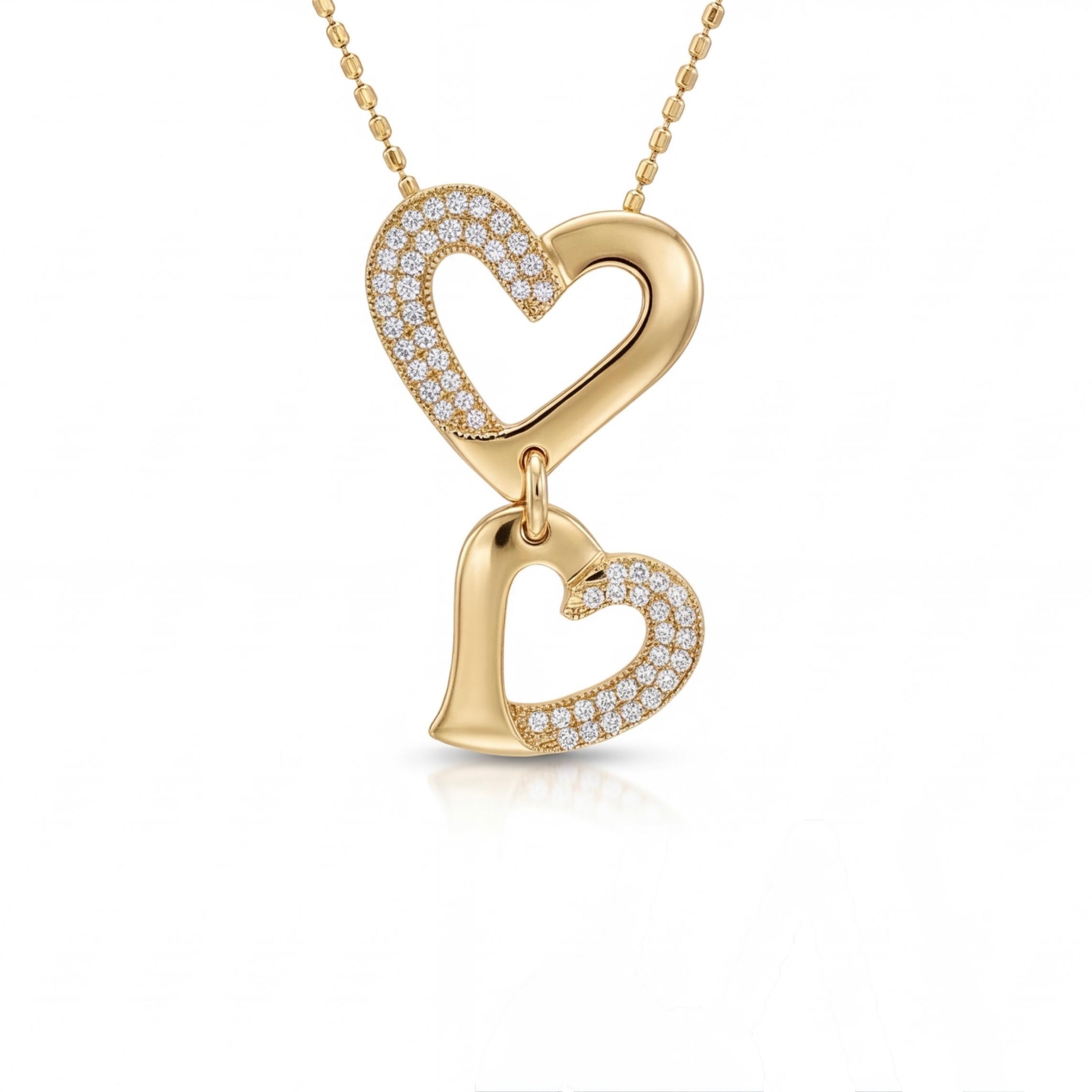 שרשרת זהב 18K צהוב שני תליוני לב חצאי שיבוץ יהלומים מק״ט 876