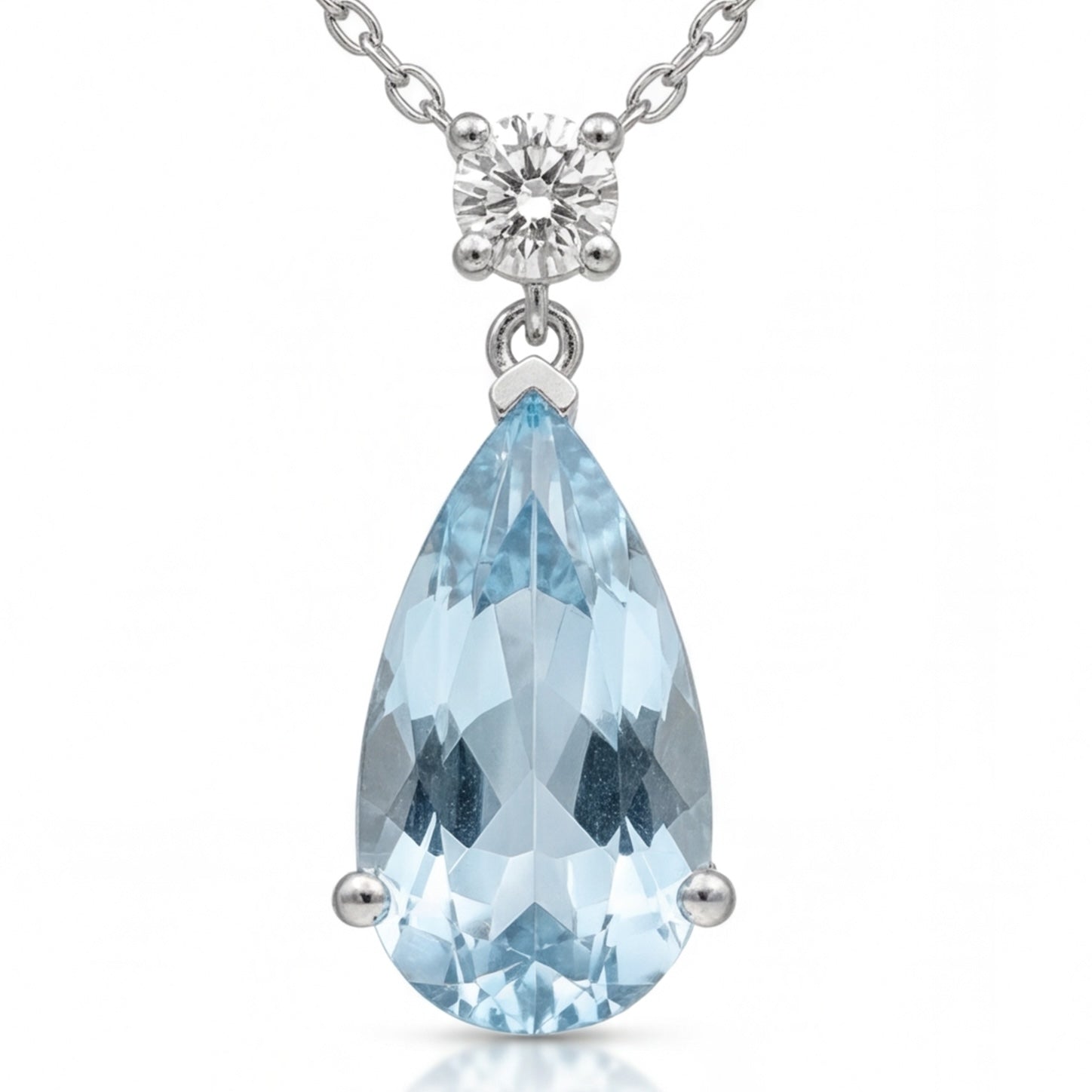 שרשרת זהב 14K לבן אקוומרין טיפה ויהלום מק״ט 1008