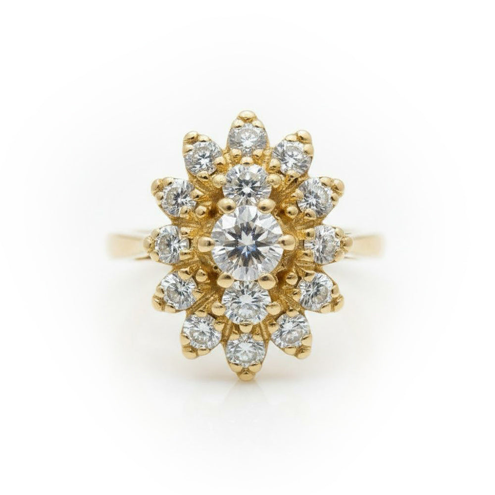 טבעת ונטג פרח זהב צהוב 9K משובצת יהלומים טבעיים 1.00 קראט צבע F נקיון VS מק"ט 408