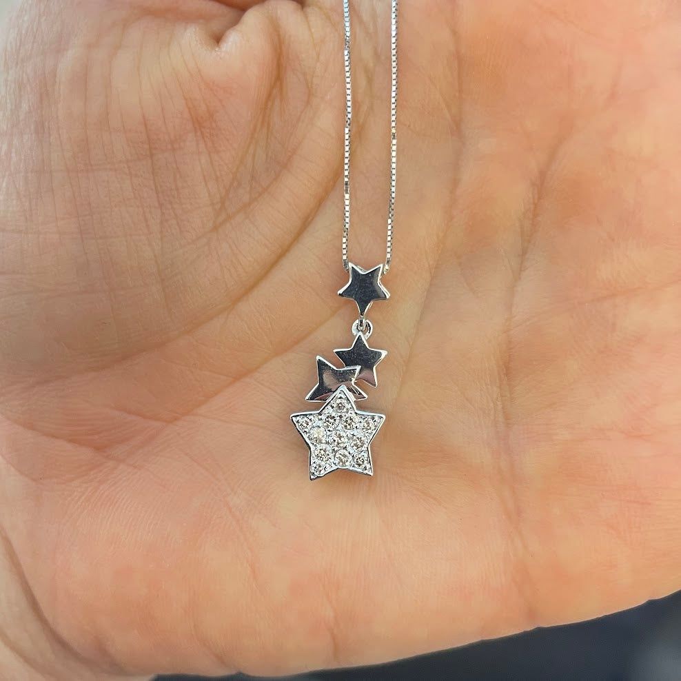 תליון כוכבים זהב לבן 14K משובץ 0.25 יהלומים טבעיים צבע F נקיון VS מק"ט 240