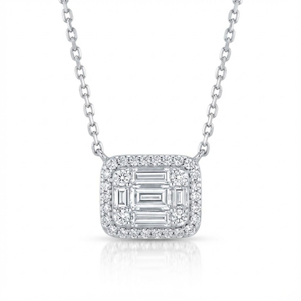 שרשרת תליון יהלומים מרובע יהלומי בגטים ועגולות טבעיים 0.52 קראט צבע F ניקיון VS זהב 14K לבן מק״ט Y39