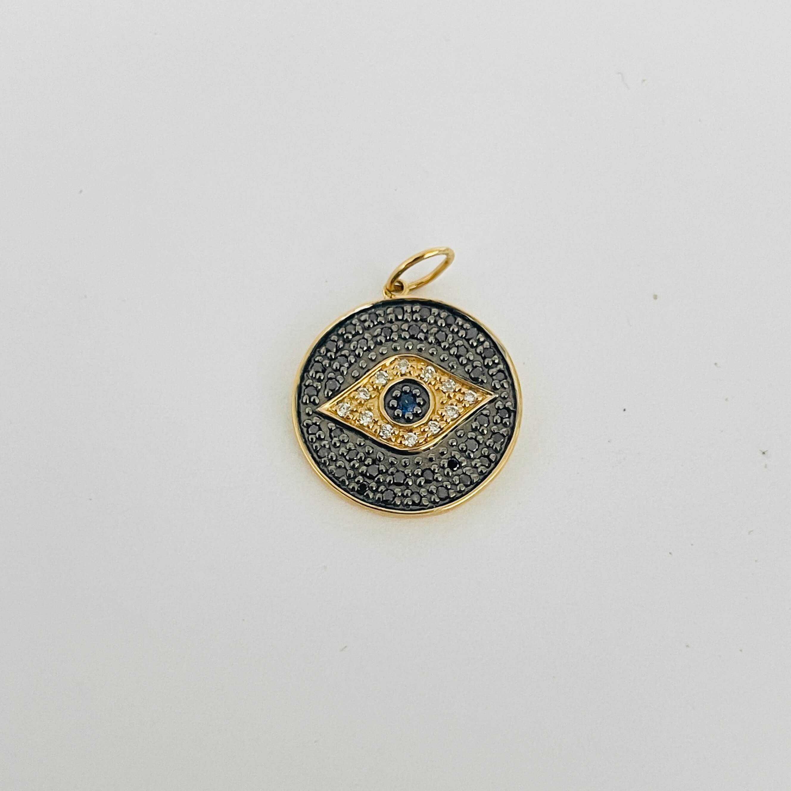תליון עגול בצורת עין יהלומים ואבן ספיר כחולה טבעיים 0.18 קראט יהלומים צבע F ניקיון VS זהב 14K צהוב מק״ט 636