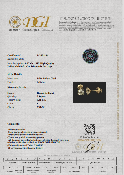 עגילי זהב 14K צהוב מרטיני יהלומי סוליטר טבעיים 0.81 קראט מק״ט 1114