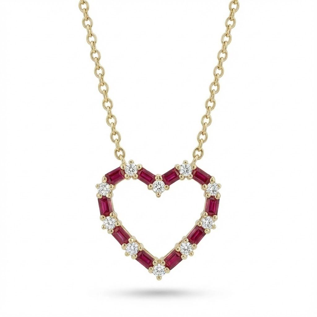 שרשרת זהב צהוב 14K עם תליון לב משובץ 1.00 אבני רובי טבעיות ו 0.17 קראט יהלומים טבעיים צבע F ניקיון VS מק"ט 305