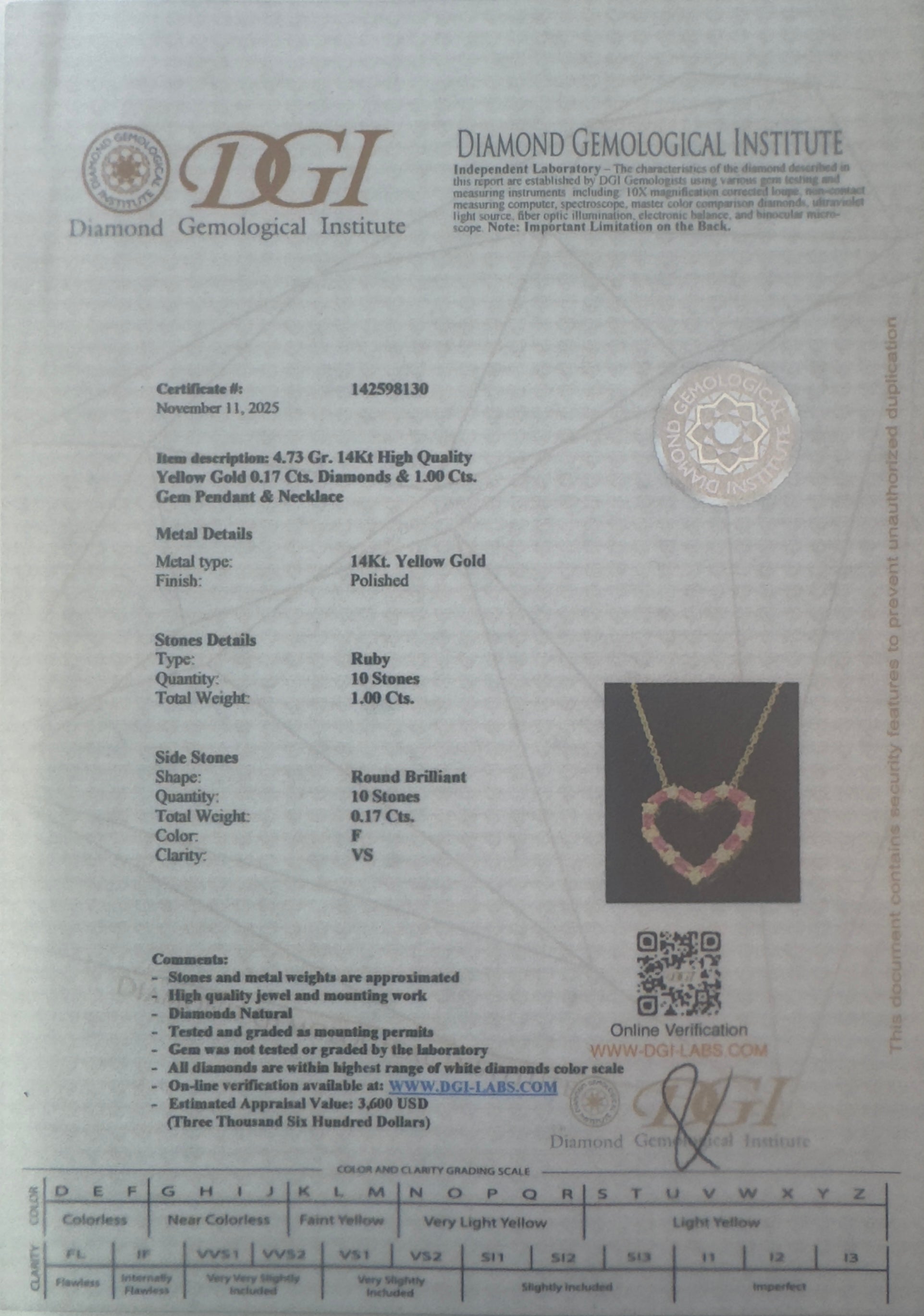 שרשרת זהב צהוב 14K עם תליון לב משובץ 1.00 אבני רובי טבעיות ו 0.17 קראט יהלומים טבעיים צבע F ניקיון VS מק"ט 305