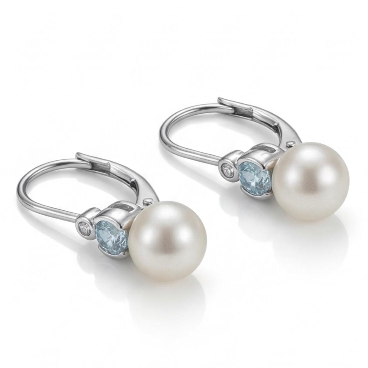 עגילי חישוק זהב 14K פנינה אבן תכלת ויהלום מק״ט 987