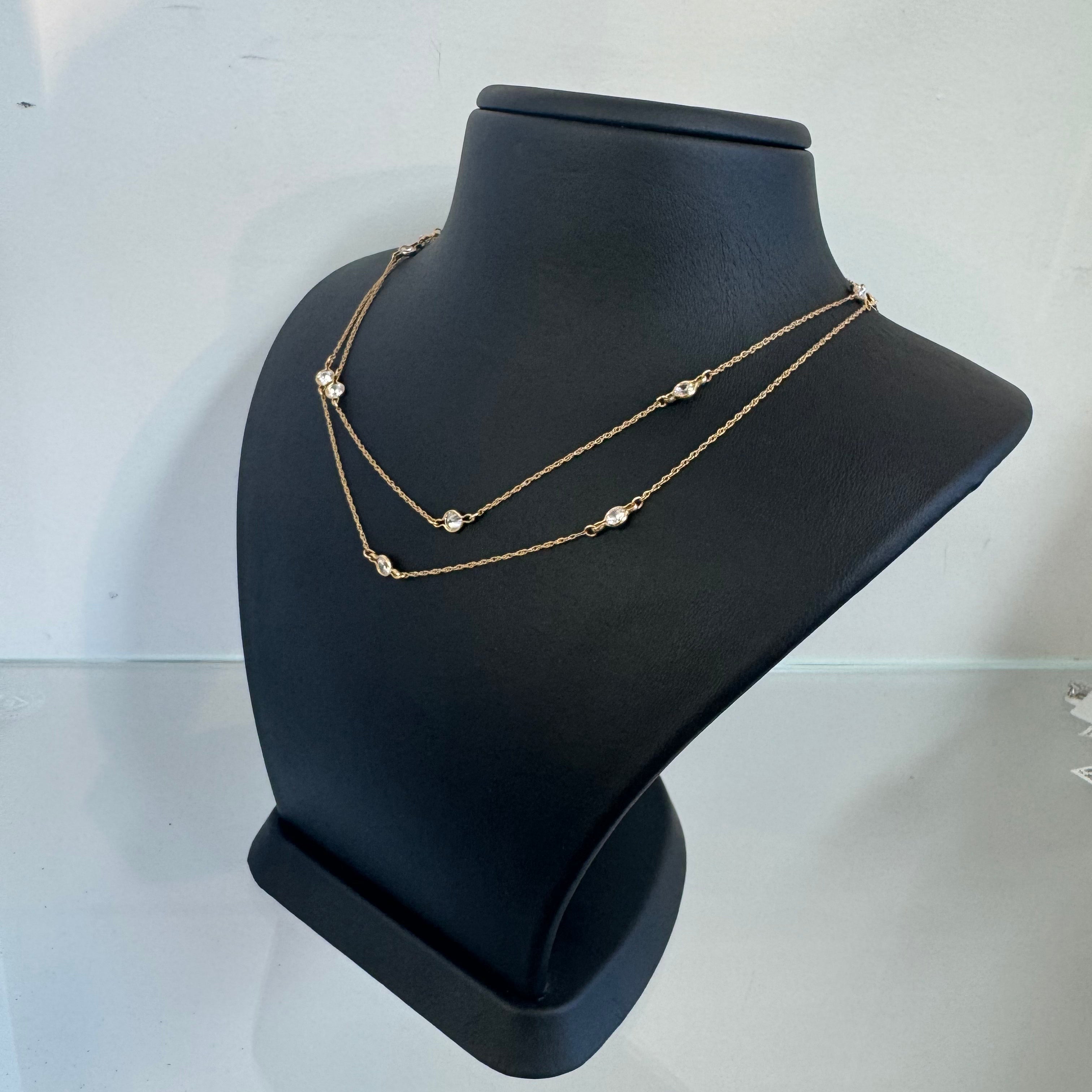 שרשרת כפולה בסגנון קולייר זירקונים עגולים לאורך אורכה זהב 14K צהוב