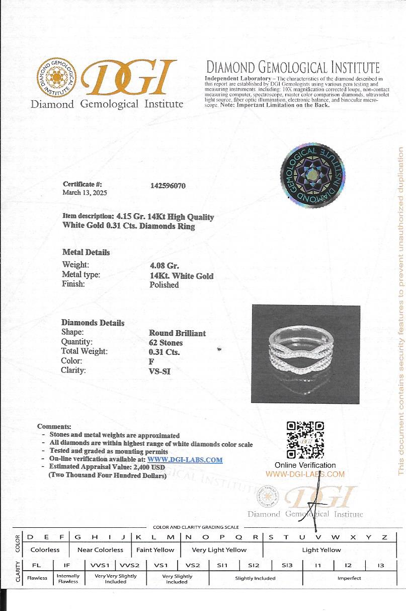 טבעת יהלומים טבעיים שתי שורות 0.31 קראט צבע F ניקיון VS-SI זהב 14K לבן מק"ט 250