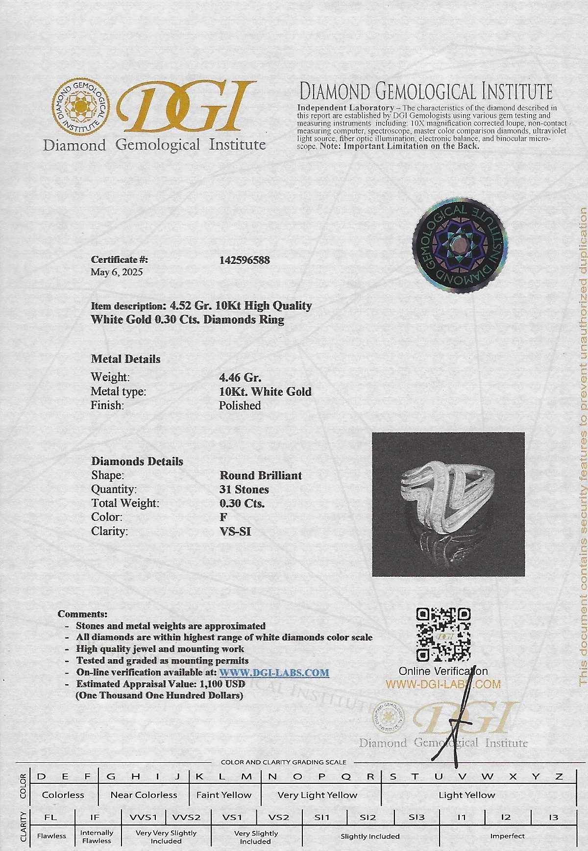 טבעת יהלומים טבעיים 0.29 קראט צבע F ניקיון VS זהב לבן 10K מק"ט 205