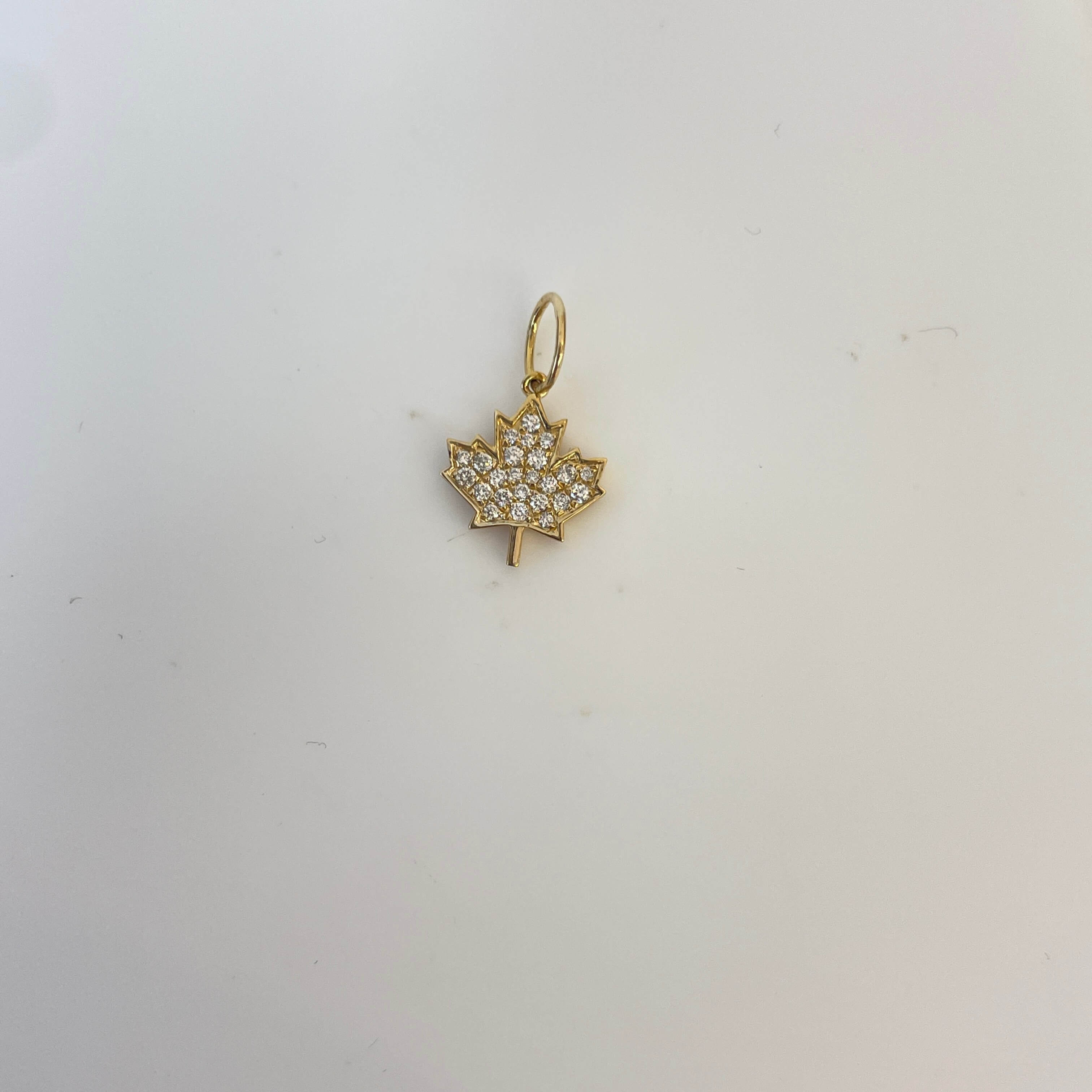 תליון יהלומים טבעיים בצורת עלה מייפל 0.10 קראט צבע F ניקיון VS-SI זהב 14K מק״ט 650