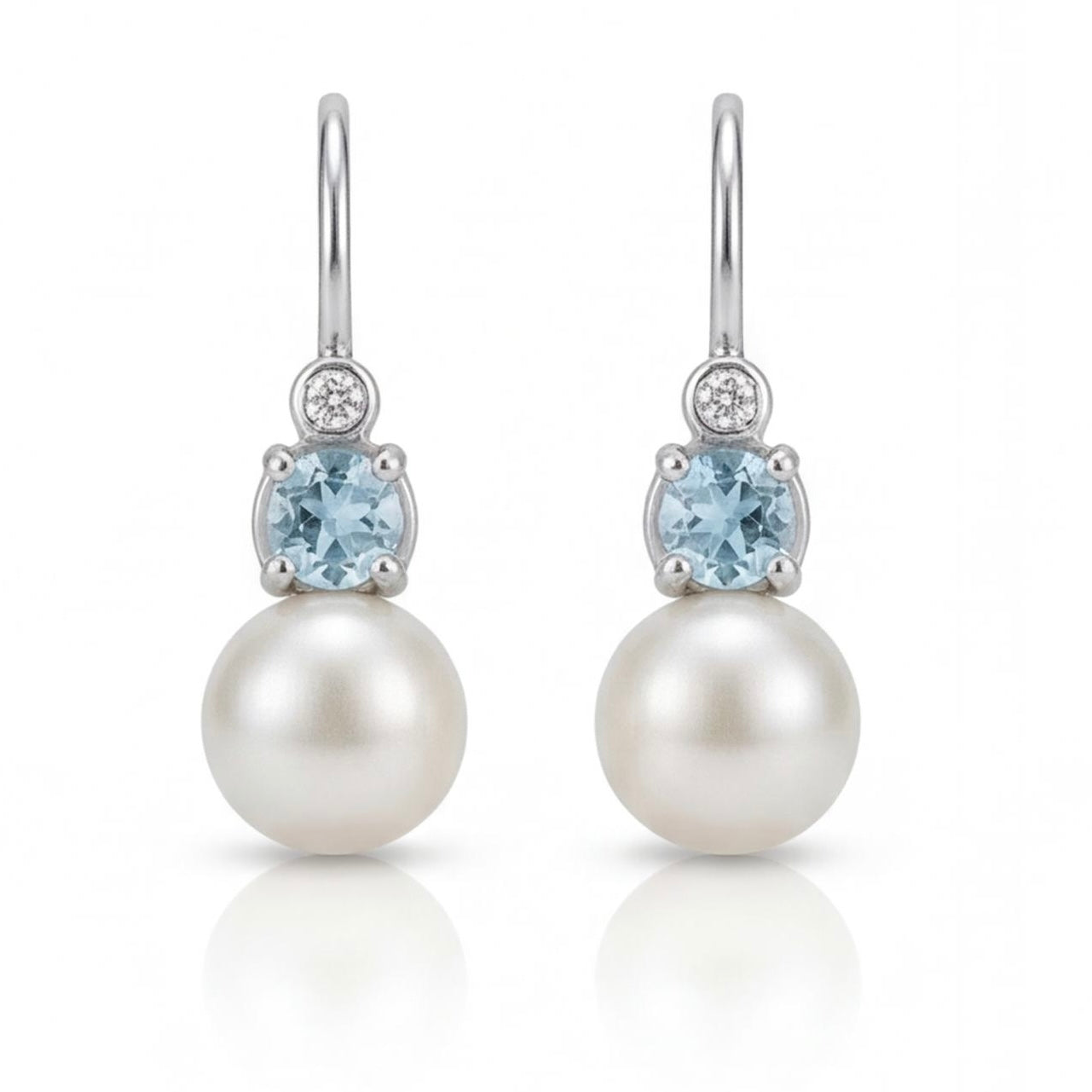 עגילי חישוק זהב 14K פנינה אבן תכלת ויהלום מק״ט 987