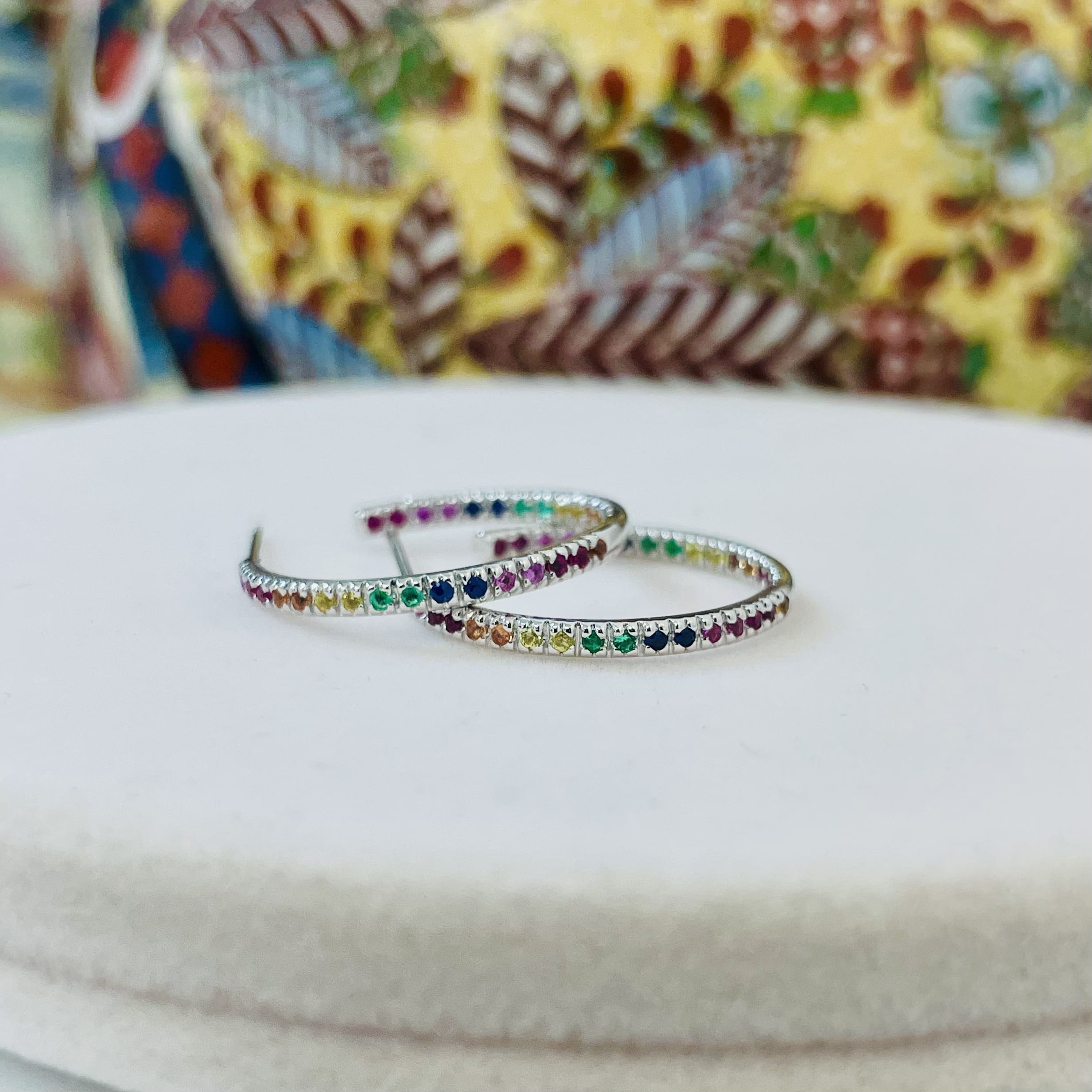 עגילים חישוק משובצים אבני חן צבעוניות טבעיות 0.46 קראט זהב 14K לבן מק"ט 792