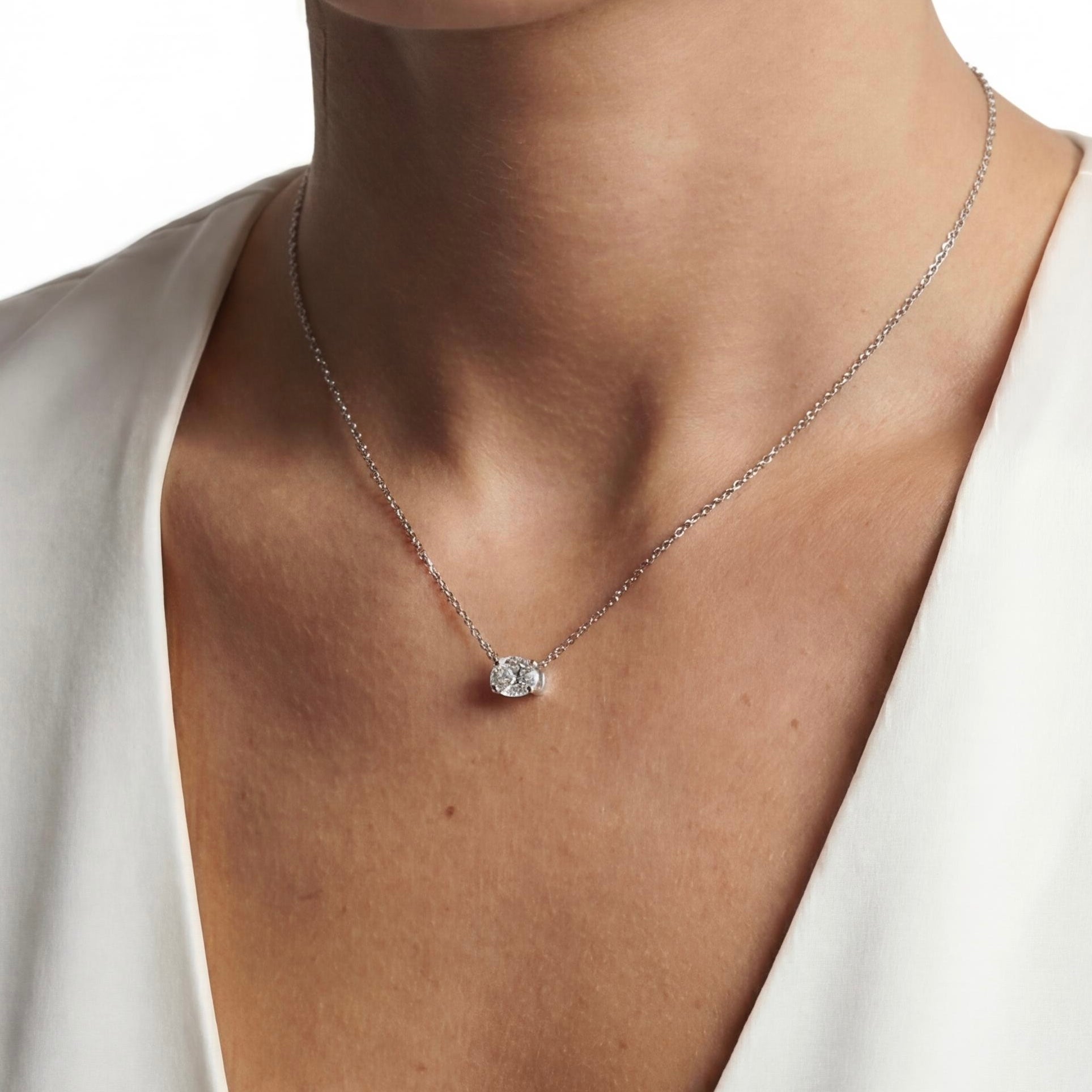 שרשרת זהב 14K לבן יהלום אובל טבעי 0.45 קראט מק״ט 1010