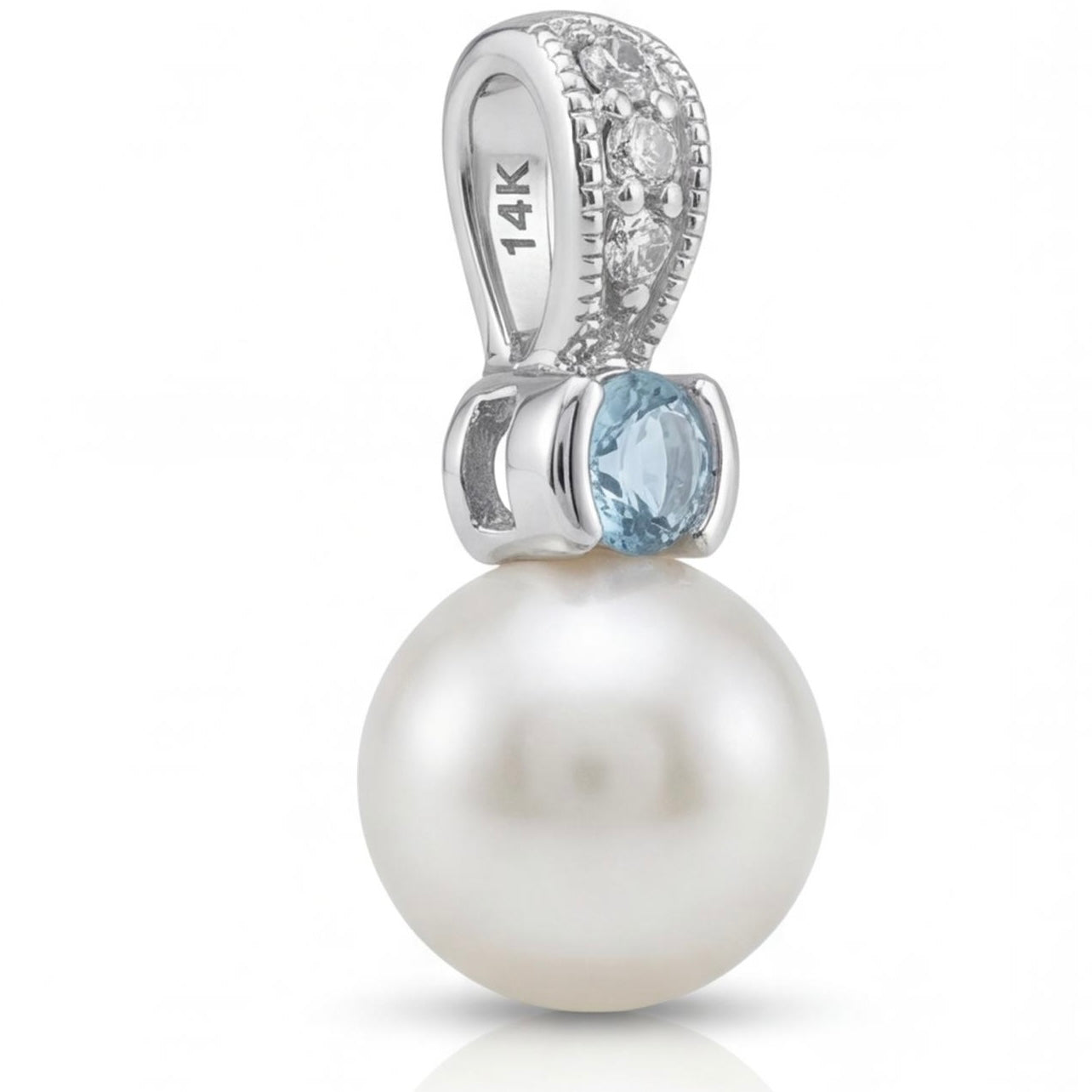 תליון זהב 14K לבן פנינה אבן תכלת ויהלומים מק״ט 988