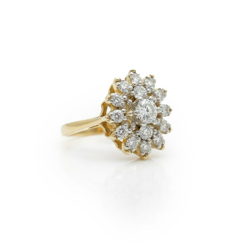 טבעת ונטג פרח זהב צהוב 9K משובצת יהלומים טבעיים 1.00 קראט צבע F נקיון VS מק"ט 408