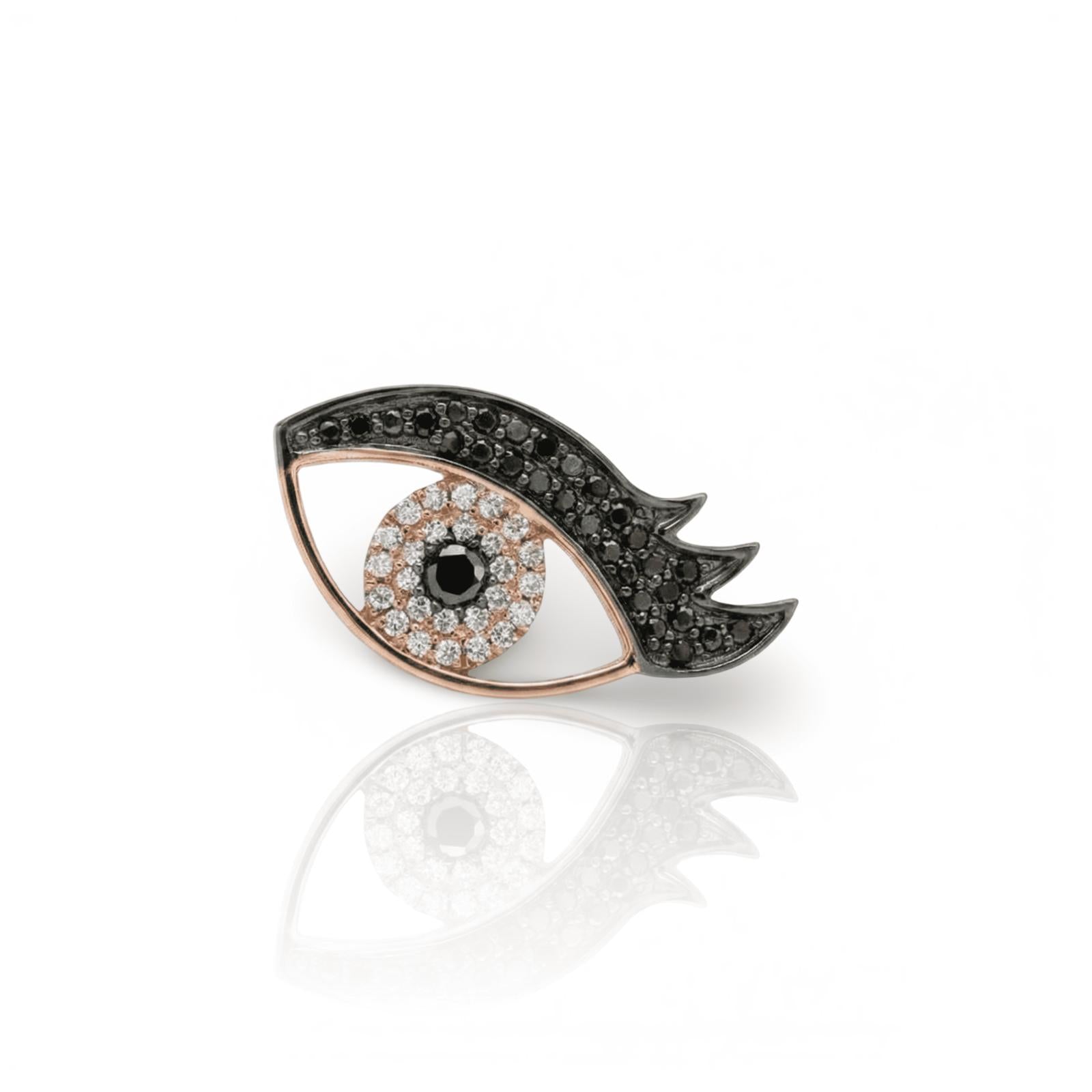 עגיל זהב 14K עין יהלומים שחורים ולבנים מק״ט 623