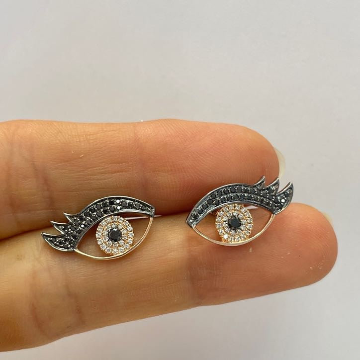 עגילי יהלומים טבעיים שחורים ולבנים 0.42 קראט בצורת עין זהב 14K רוז גולד (העגילים מגיעים עם סוגר) מק"ט 622
