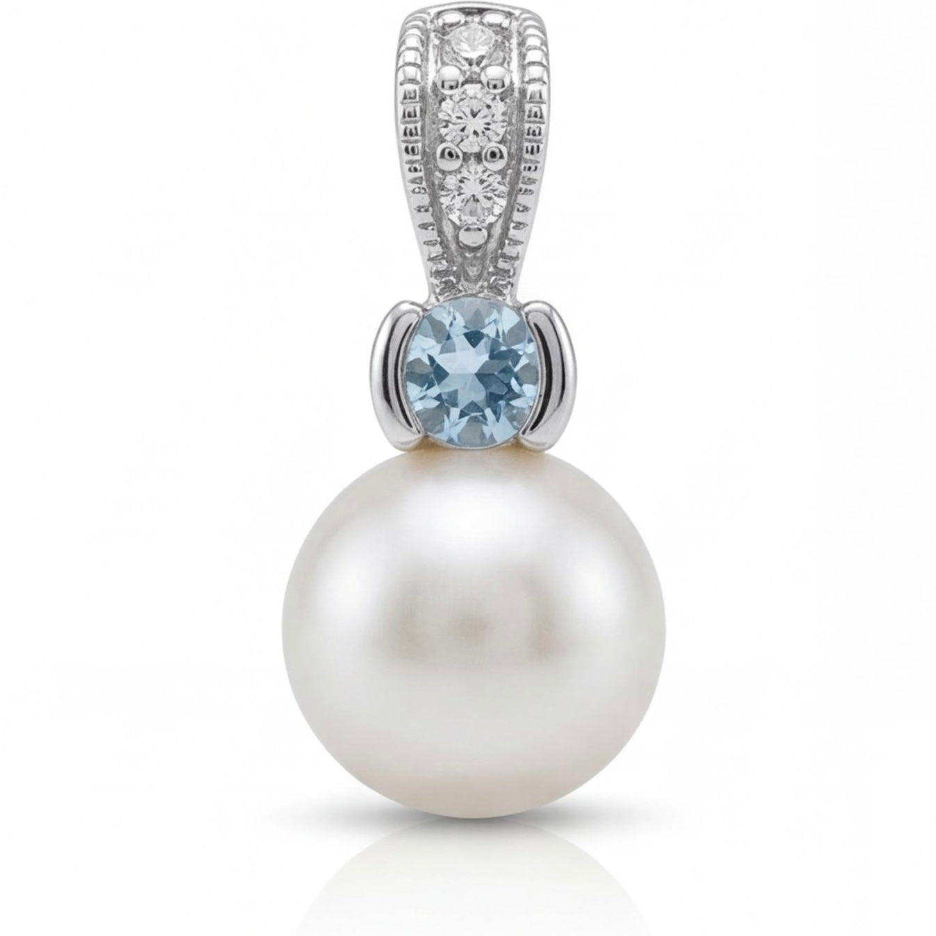 תליון זהב 14K לבן פנינה אבן תכלת ויהלומים מק״ט 988