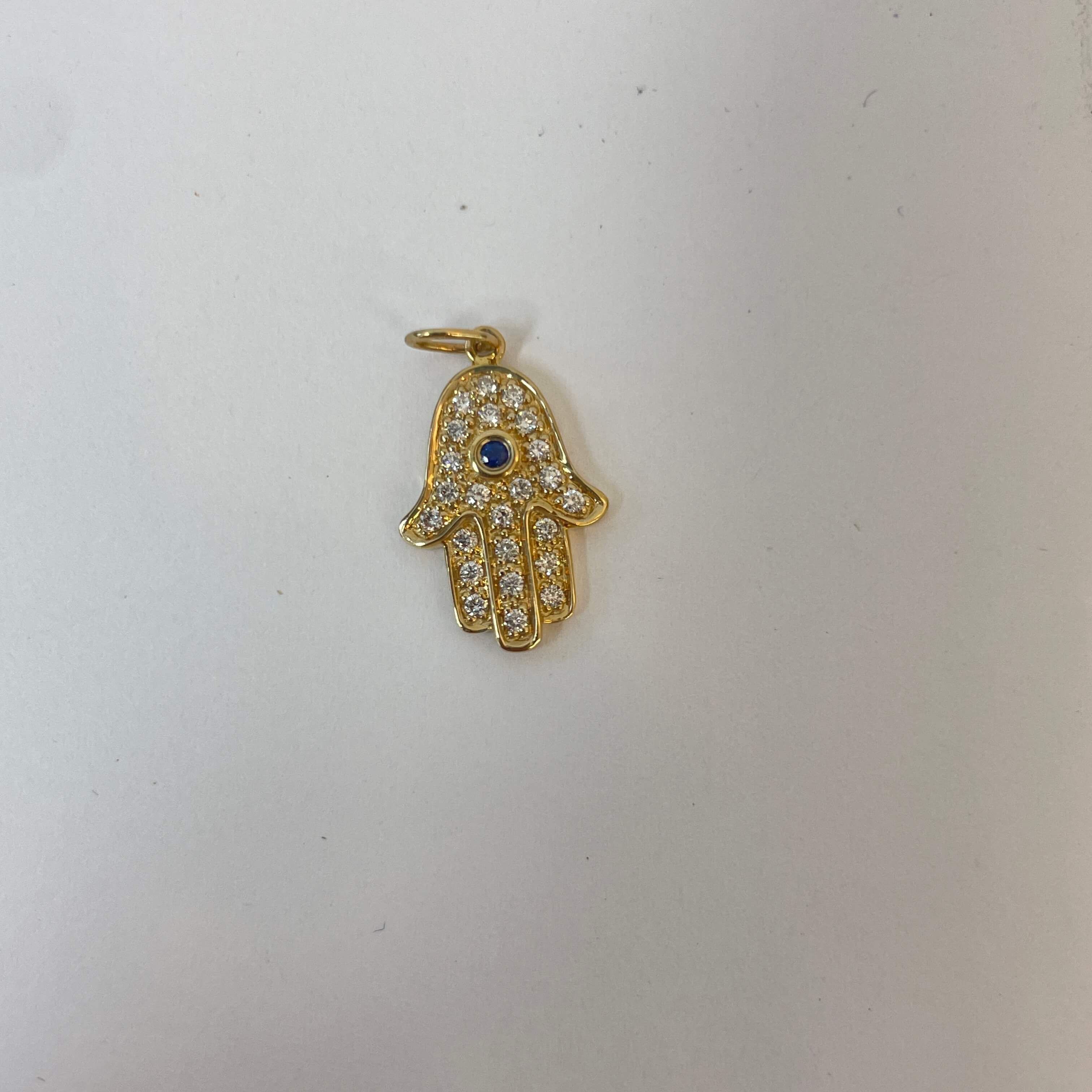 תליון חמסה יהלומים ואבן ספיר טבעיים 0.22 קראט יהלומים צבע F ניקיון VS-SI זהב 14K צהוב מק״ט 640