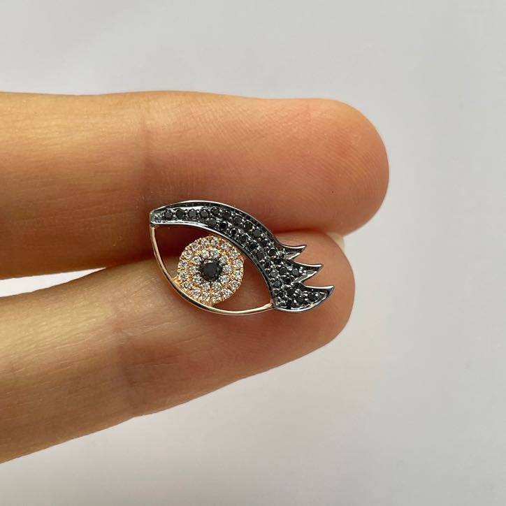 עגיל יהלומים טבעיים שחורים ולבנים בודד 0.21 קראט בצורת עין זהב 14K רוז גולד (העגיל מגיע עם סוגר) מק"ט 623