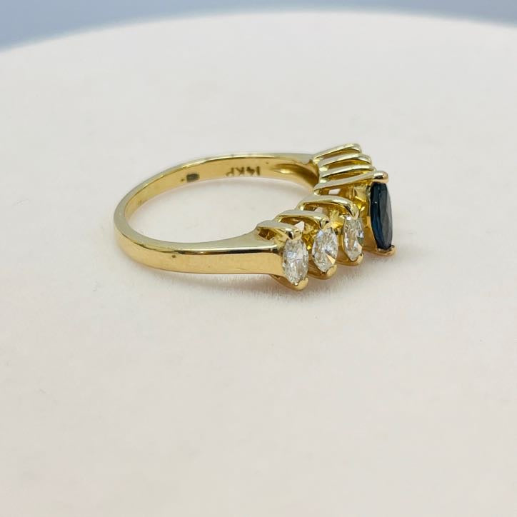 טבעת אבן ספיר כחולה מרקיזה ויהלומי מרקיזה טבעיים 0.65 קראט צבע F ניקיון VS זהב 14K צהוב מק״ט 570